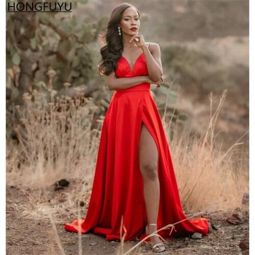 HONGFUYU Red Satin Long Prom Dresses Spaghetti Straps robes de soirée A Line Formal Evening Dress for Women Party High Split