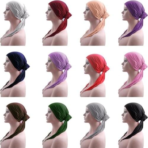 Elastic Pre-Tied Solid Head Scarf Bonnet Caps for Women Muslim Turban Inner Hijab Hat Wrap Female Hair Accessories