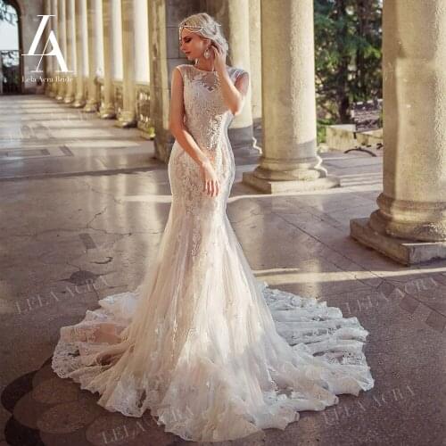 Elegant Lace Mermaid Wedding Dress 2021 Appliques Sleeveless Trumpet Bridal Princess Court Train LelaAcra ER19 Vestido De Novia