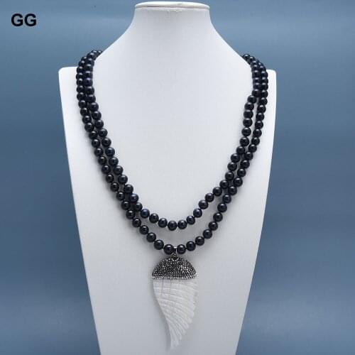 GuaiGuai Jewelry 2 Rows Natural Black Round Pearl Necklace Shell Carved Wing Feather Pendant Handmade For Women