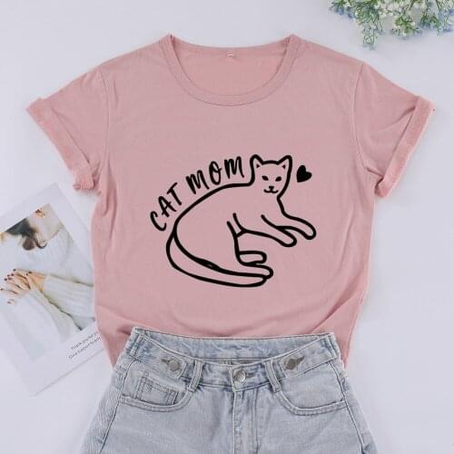 Kawaii Cat Mom Tshirt Fashion Graphic 100% Cotton Women T Shirt Casual Plus Size Short Sleeve Aesthetic Tops Harajuku Girl Tees