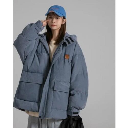 Womens Coat 2021 New Winter Hat Stitching Pocket Jacket Female Trendy Brand Zipper Loose Warm Cotton Outwear