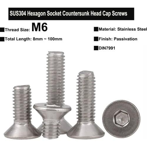 M6 SUS304 Stainless Steel Hexagon Socket Countersunk Head Cap Screws DIN7991 Total Length 8mm-100mm