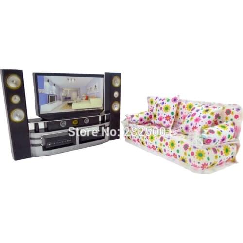 Family Bedroom Mini Dollhouse Furniture HI-FI TV Cabinet Set Flower Sofa With 2 Full Cushions for Barbie Kurhn Doll Accessories