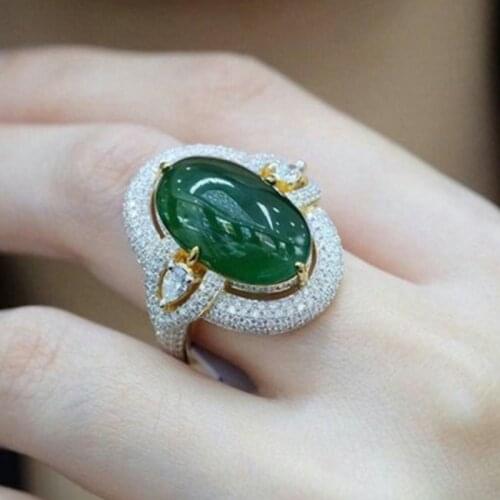 Milangirl Fashion Ladies Ring Fashion Inlaid Green Ring Hollow Oval Female Ring Temperament Casual Party Engagement