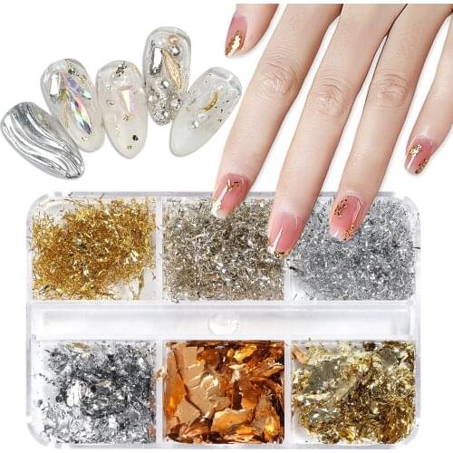 Monja 6 Grids/Box Gold Irregular Nail Art Sequins Aluminum Foil wire Glitter 3D Studio Design DIY Sticker Manicure Decorations