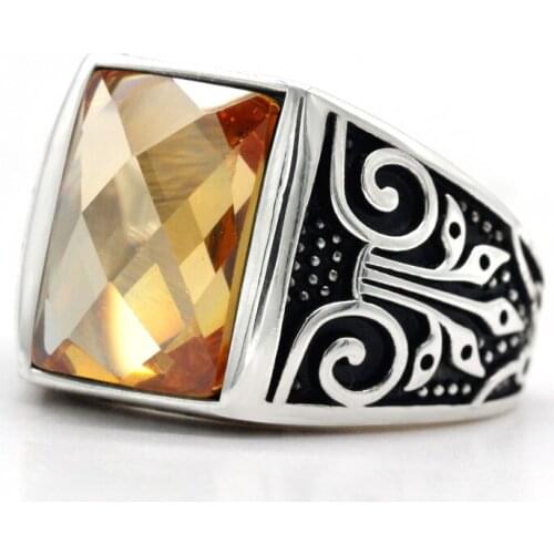 Mens Ring 925 Sterling Silver Rectangle Champagne Cubic Zircon Rings Charming Devil Turkish Silver Jewelry for Male Women gift