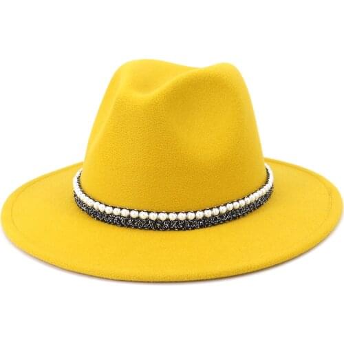 2021 New Wool Jazz Fedora Hats Casual Men Women Leather Pearl Ribbon Felt Hat White Pink Yellow Panama Trilby Formal Party Cap
