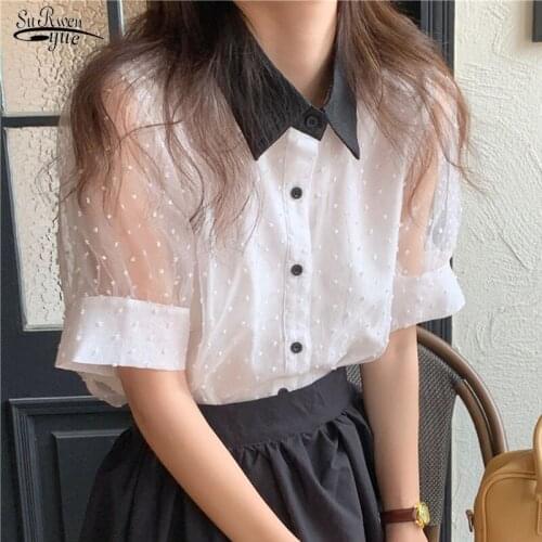 Summer New 2021 Elegant White Black Contrast Color Short Sleeve Blouse Mesh Stitching Polka Dot Chic Ol Shirts Camisas 15193
