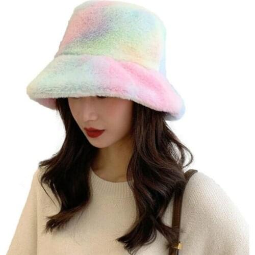 Colorful Faux fur Winter Bucket Hat High Quality Artificial Fur Warm Soft Rainbow Women Panama Casual Autumn Female Cap Dropship