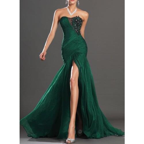 Real Photo Dark Green Mermaid Silk like Chiffon Bridesmaid Dress Wedding Party Dress
