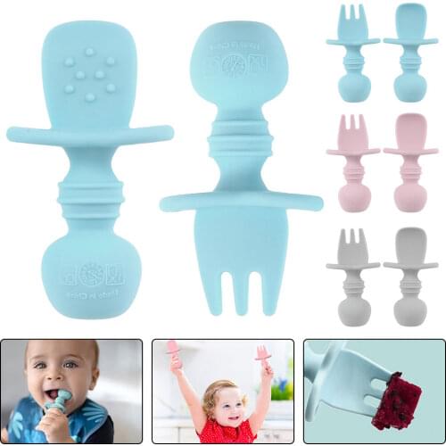 Silicone Spoon Baby Learn To Eat Training Spoon Short Handle Baby Food Supplement Silicone Soft Spoon Fork Spoon Tableware Set