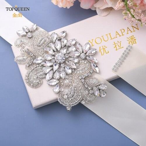 TOPQUEEN S405 Handmade India Lace Bridal Belts for Women Rhinestone Wedding Belt White Bedazzled Sash Belt Formal Belt for Dress