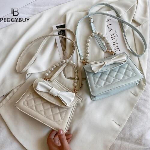 Vintage Women Lattice Pattern Bowknot Messenger Bag Pearl PU Mini Flap Handbags Soft Leather Women Designer Handbag