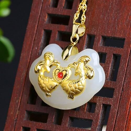 High-quality goods gold-inlaid jades love heart-shaped fish pendant love lock foot gold pendant girlfriend Necklace