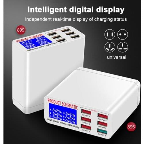8A USB Charger with LCD Display 6 Ports Desktop Mobile Phone Charger Smart Fast Charging for Smart Phones Tablet PC