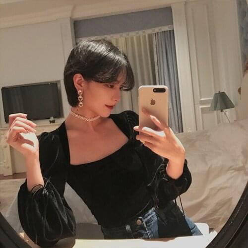 2020 new Sexy Solid Square Collar Velvet BLOUSE Women spring Streetwear Drawstring Long Lantern Sleeve BLOUSE feminina