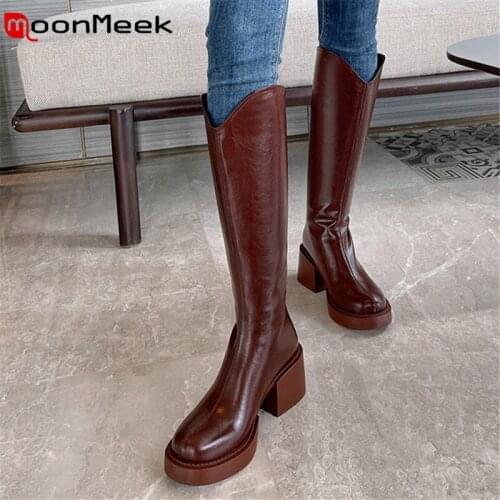 MoonMeek Genuine Leather Shoes Zipper Thick Heels Knee High Boots Casual Simple Women Boots Winter Hand Made Retro Fashion Boots