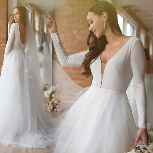 White Long Sleeves Satin Custom Made Woman Elegant Wedding Dresses 2021 Muslim Bridal Gowns Vestidos De Novia Gelinlik