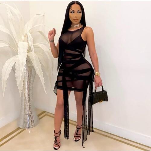 Robellii Sleeveless Tank Sexy Dress Tight-fitting Lace High Stretch Nightclub Wear Women Mesh Bodycon Dress Plus Size