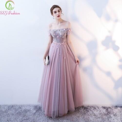 SSYFashion new banquet elegant long evening dress boat neck a-line floor-length lace appliques beading party formal gowns custom