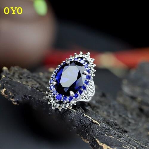 100%S925 Pure Silver Jewelry Wholesale Thai Silver Blue Corundum Female Ring Exaggeration
