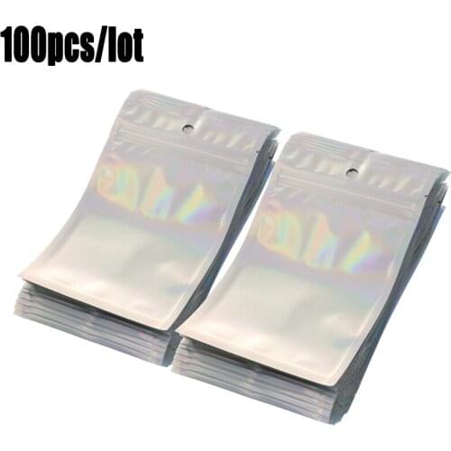 100Pcs Iridescent Zip lock Bags Pouches Cosmetic Plastic Laser Iridescent Bags Holographic Makeup Bags Hologram Zipper Bags