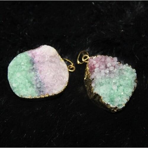 25*35mm) Plated Wrapped Druzy Charms Drop Pendant 4pcs/lot Green Mix Pink Drusy Pendant Oval Shape Chain Necklace