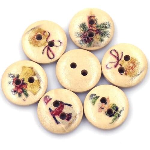 50PCS 15mm Mixed Round Wood Buttons Christmas Theme Snowman Tree Deer Pattern 2 Holes For Sewing Needlework Childrens Sweater