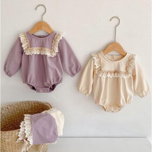 Kids Girl Long Sleeve Rompers Clothes New 2021Spring Autumn Infant Baby Girls Lace Rompers + Hat Clothing