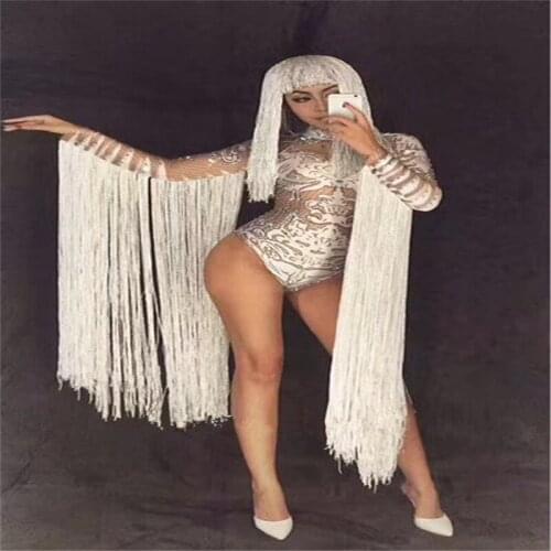 F31 White long tassel jumpsuit party stage bodysuit singer prom outfit ballroom costumes performance club wears dress clothe