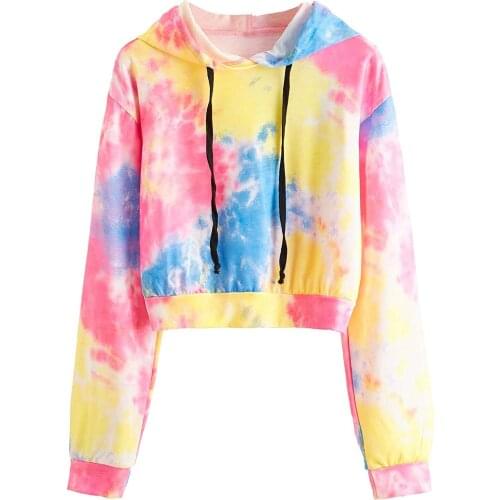 Tie Dye Printed Hoodies For Teen Girls Kawaii Long Sleeve Short Hooded Blouse Korean Draw String Top Winter Soft Fleece Pullover