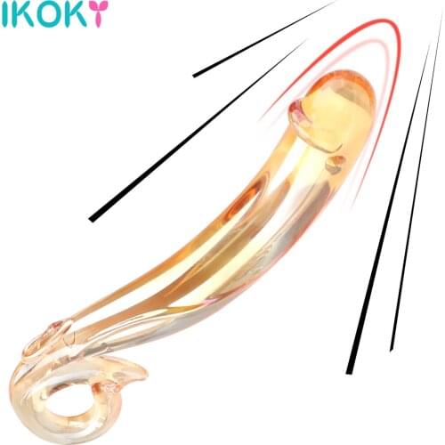 IKOKY Crystal Cock Golden Glass Dildo Fake Penis Sex Toys for Women Butt Anal Plug Vagina Massage Female Masturbation