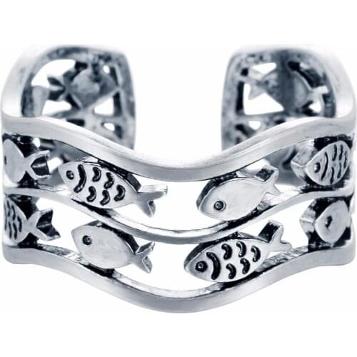 Kinitial Retro Silver Color Swimming Fish Band Matt Ring Adjustable Animal Shape Rings for Women Bijoux Femme Bridesmaids Gift