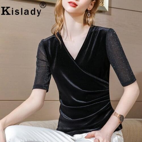 Kislady Summer Womens V-Neck Gothic Pleuche Shirt Sexy OL Tops Harajuku Half Sleeve Shirts Korean Bright Silk Fashion Clothing