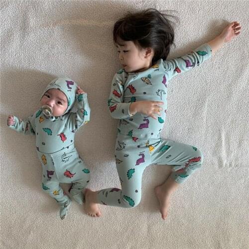 0-3 Years Baby 2 Pieces Suit Home Wear Dinosaur Print Bottoming Shirt + High Waist Pant Cotton Newborn Girl Boy Clothing Set