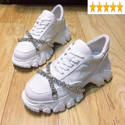 Leather Real Brand Flat 100% Platform Women Lace Up Rhinestones White Sneakers Street Height Increasing Casual Shoes