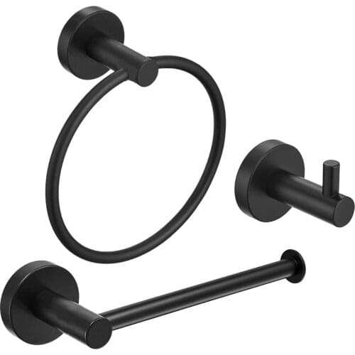 Stainless Steel Bathroom Hardware Set Black 3 Pieces Wall Mounted Double Towel Ring Towel Holder Hook Toilet Paper Holder