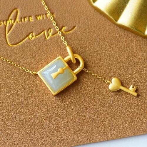 Natural Hetian Jade Square Inlaid S925 Sterling Silver Ancient Style Thick Golden Lock Silver Vintage Pendant Female with Hearts