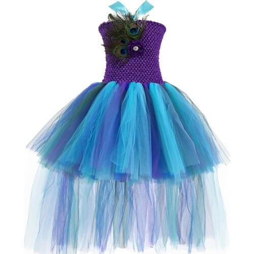 Girls Peacock Princess Tutu Dress Children Kids Pageant Wedding Party Ball Gowns Trailing Feathers Tulle Flower Girl Dresses