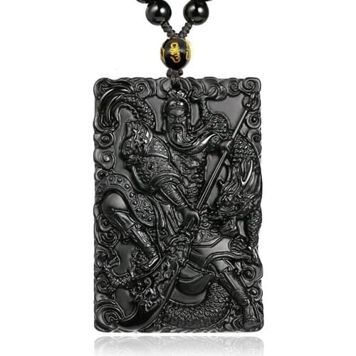 Superb Pure Natural Obsidian Dragon Guan Gong Take A Knife Pendant Necklace