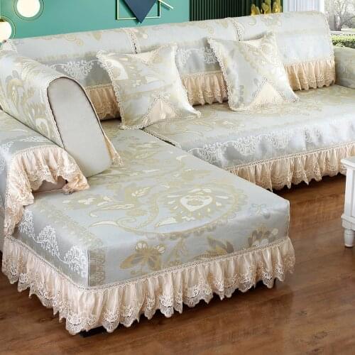 European Luxury Ice Silk Sofa Cover Champagne Summer Cool Mat Exquisite Embroidery Lace Sofa Towel Cushion Pillow Case Sofa Set