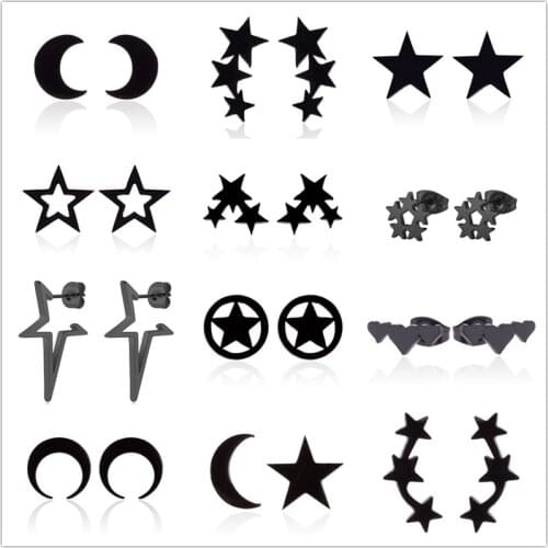 Stainless Steel Crescent Moon Five-pointed Star Studs Ear Climber Earring Piercing Ear Jackets pendiente mujer moda 2020 Brincos