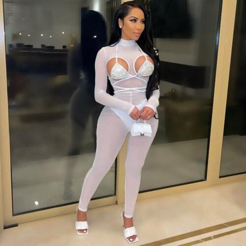 Mesh Sheer Two Piece Set Sexy Crop Top Hollow Out Long Sleeve Bodycon Jumpsuit Sets for Women Summer Night Club Matching Sets