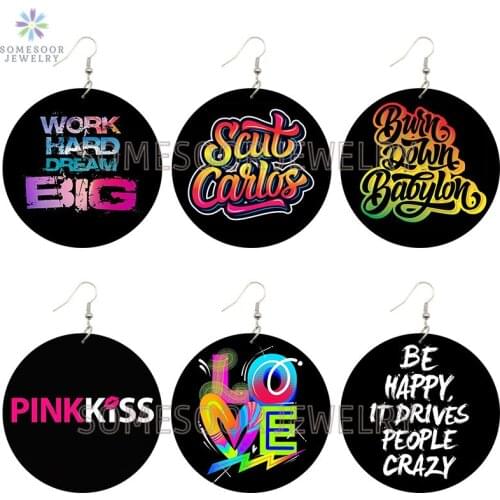 SOMESOOR Colorful Love Writings Arts Printed Wooden Drop Earrings Pinkkiss Inspired Saying Loops Dangle Jewelry For Women Gifts