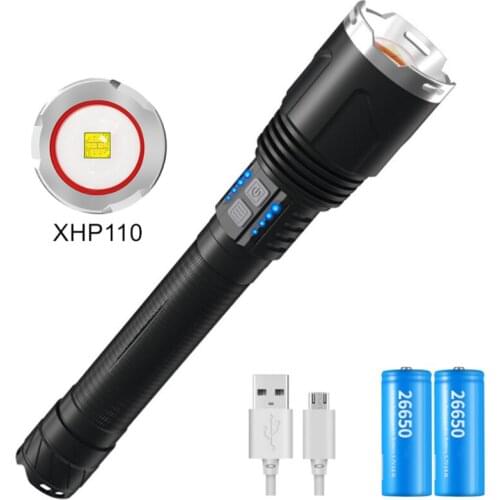 XHP110 LED Flashlight 10-Core Power Bank Tactical Flash Light Torch USB Rechargeable 26650 Battery Zoomable Lantern For Camping