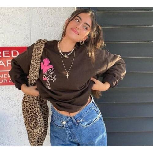 2000s Aesthetics Leopard Print Oversized Brown Tops Y2K Vintage Crewneck Long Sleeve Sweatshirts Indie Outfits Streetwear Fall