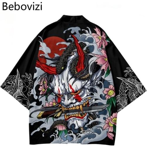 5XL 6XL Japanese Traditional Demon Print Kimono Suit Cosplay Samurai Haori Obi Women Men Cardigan Beach Yukata Set Asian Clothes