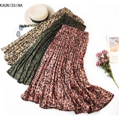 Retro Leopard Skirt Womens European and American-Style Pleated Skirt Ladies Spring Autumn Elastic Waist A-Line Skirts