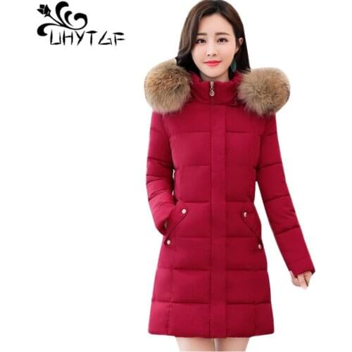 UHYTGF quality deer feather down jacket winter coat women fur collar hooded cold warm parker coat thick 4XL plus size jacket1287